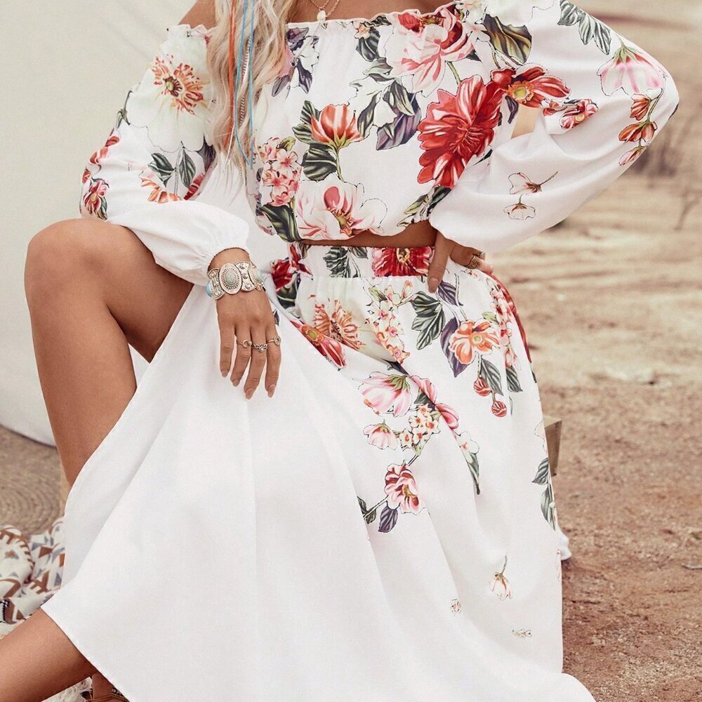 White Boho Womens Floral Print Off Shoulder Lantern Sleeve Top & Split Hem Skirt - Picture 6 of 7